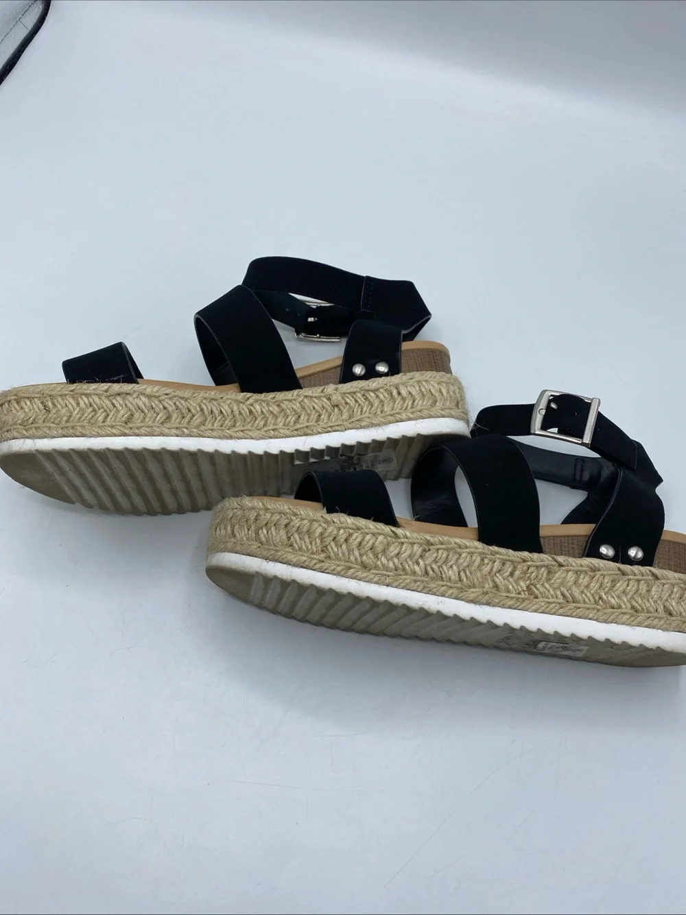 Espadrille Elevated Sandals Natural Woven Black Strap Summer Shoe 6 Soda